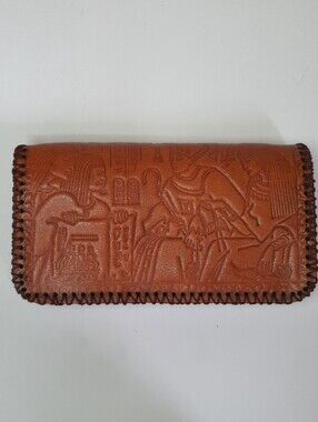 Hand-Tooled Brown Leather Wallet with Egyptian Motif - NEW